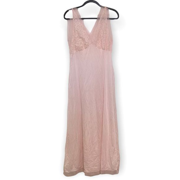 VINTAGE Pink Lace Nightgown Floor Length V Neck Sheer Trim Medium